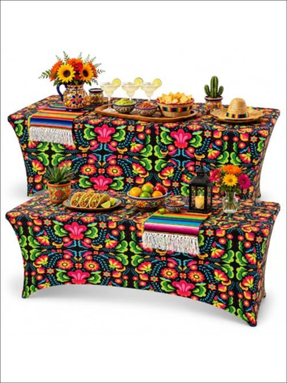 2 Pc Mexico Tablecloth Set 6 FT Stretch Spandex Fiesta Party Decor
